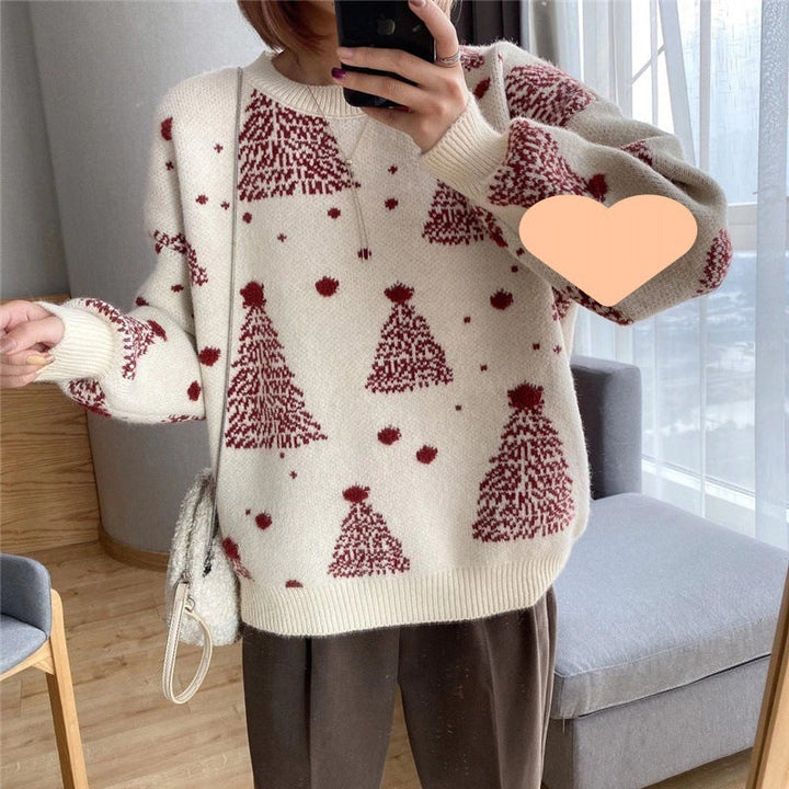 Rosamund Christmas tree print sweater in green, front view