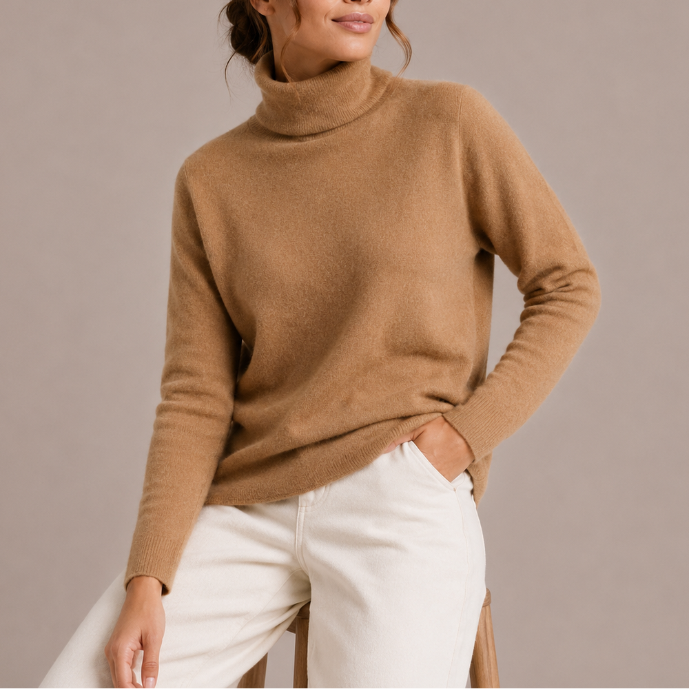 Rosamund turtleneck sweater styled with white pants