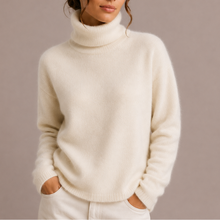 Rosamund turtleneck sweater in cream, front view