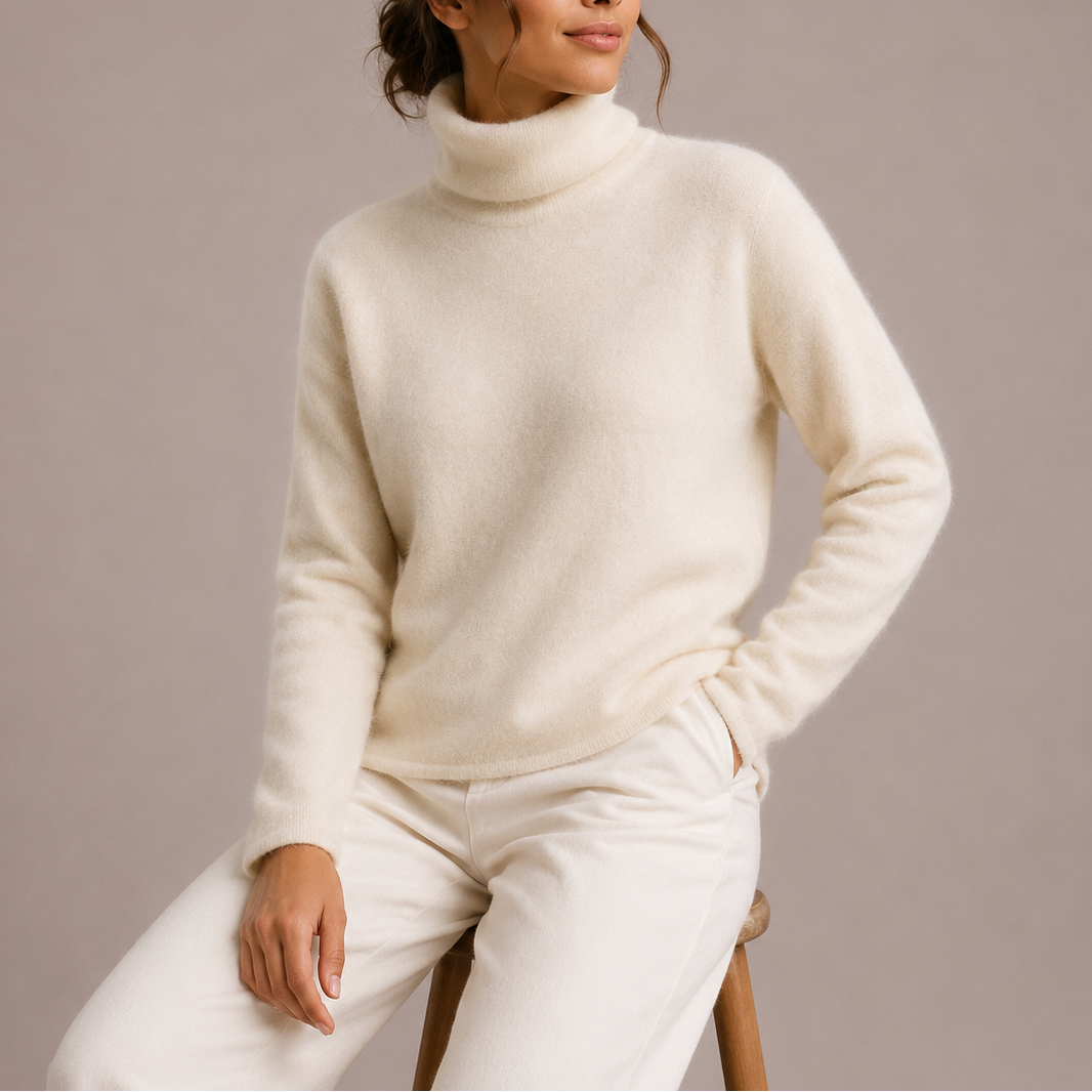 Rosamund turtleneck sweater, side profile view