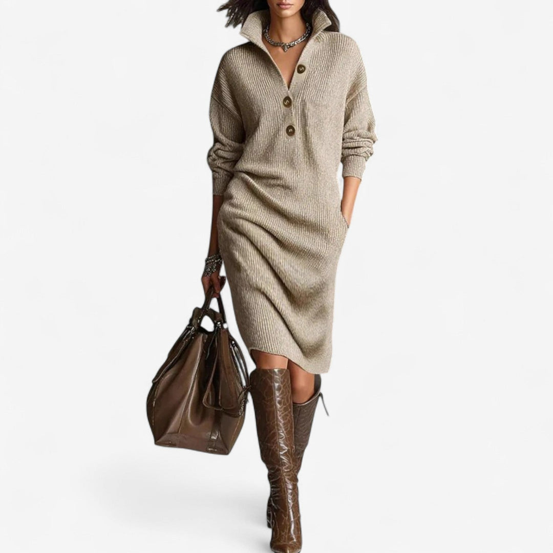 Wilhelmina collared sweater dress in khaki, front view
