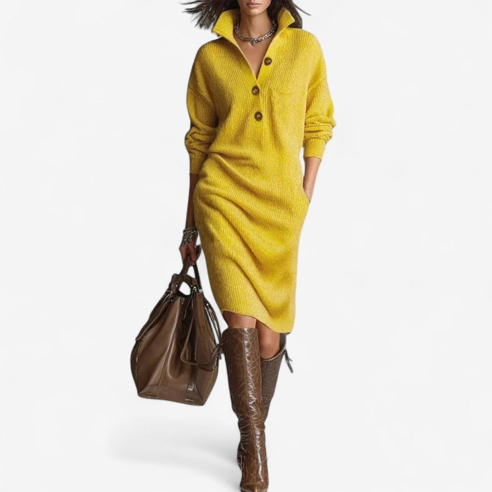 Wilhelmina collared sweater dress in yellow, front view
