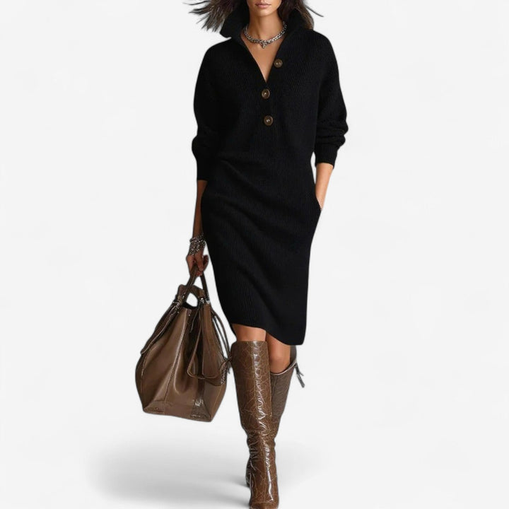 Wilhelmina collared sweater dress in black, front view