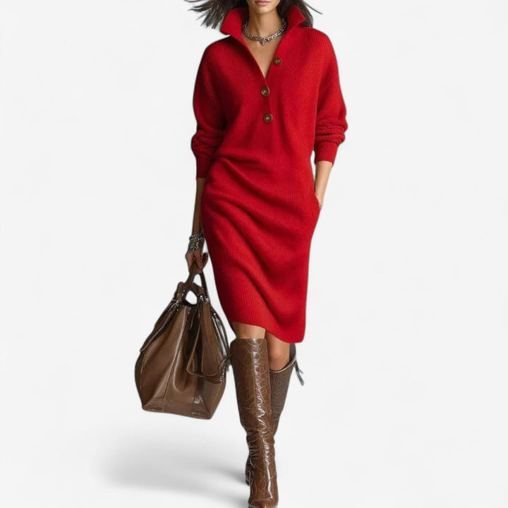 Wilhelmina collared sweater dress in red, front view