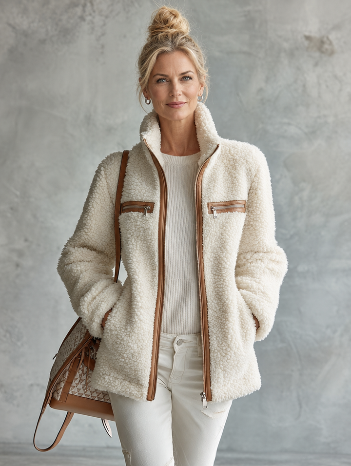 Delphine fleece zip-up jacket, front view with stand collar and bag