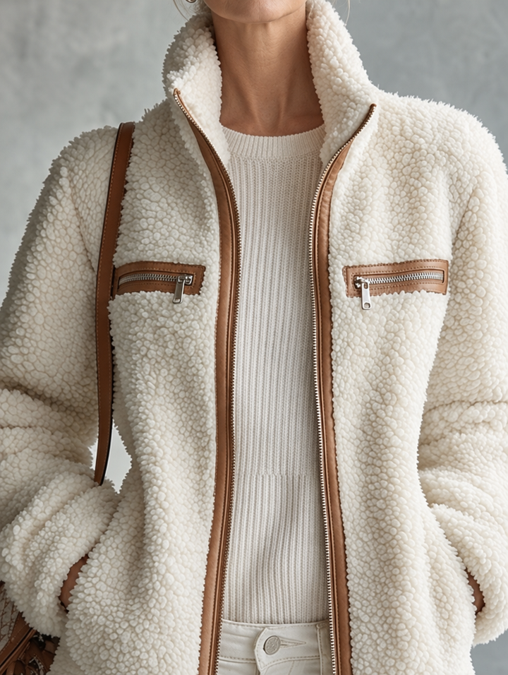 Delphine fleece zip-up jacket, front view with stand collar and bag