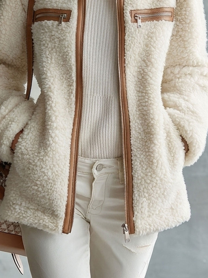 Delphine fleece zip-up jacket, front view with stand collar and bag