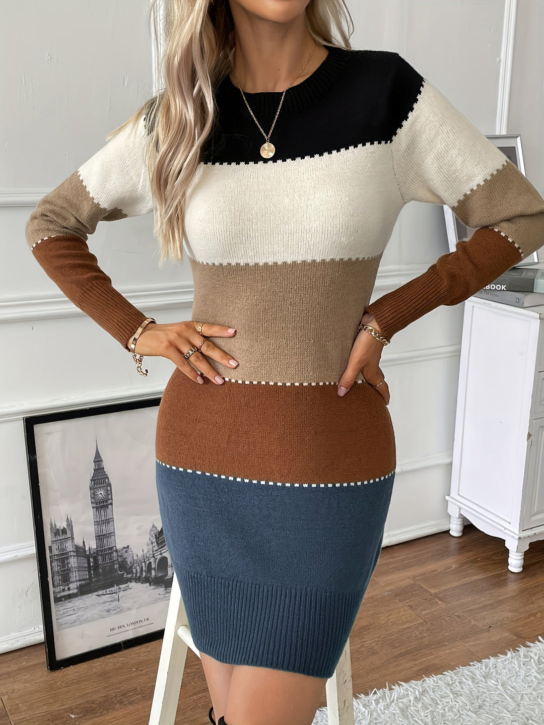Marcella colorblock sweater dress with crew neckline, front view close-up