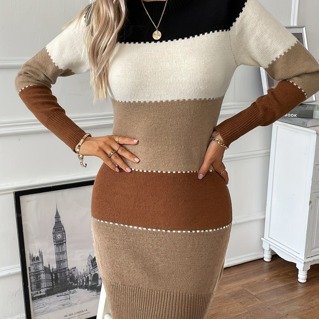 Marcella colorblock sweater dress, back view showing ribbed trim