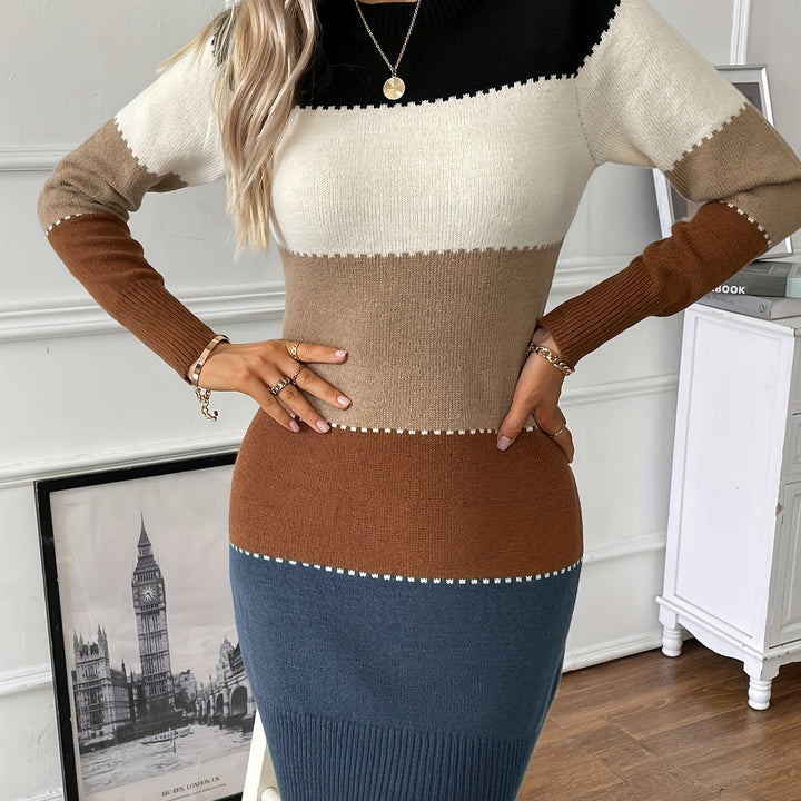 Marcella colorblock sweater dress, back view showing ribbed trim