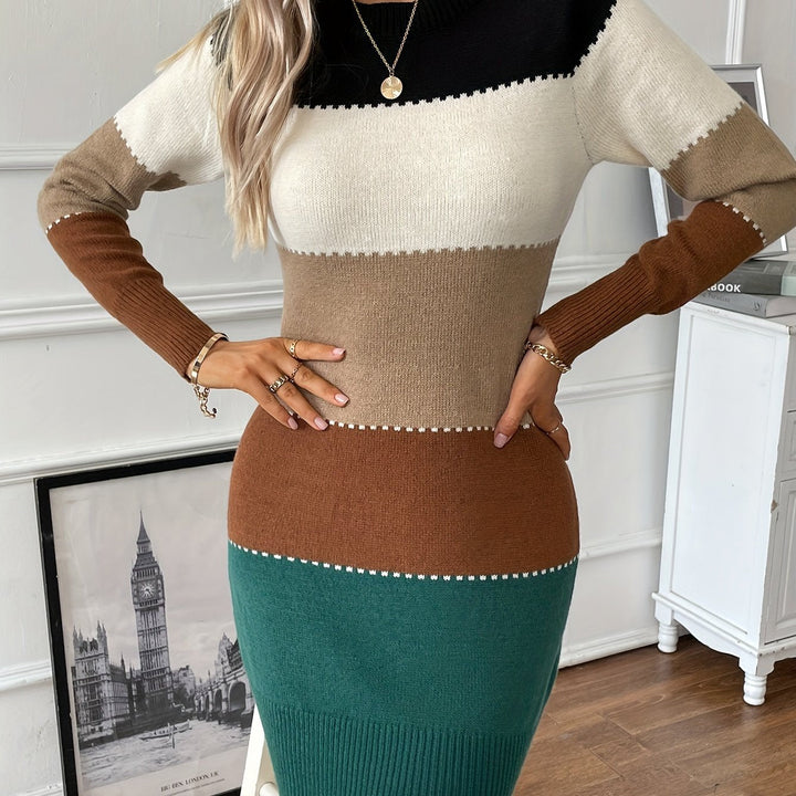 Marcella colorblock sweater dress, back view showing ribbed trim