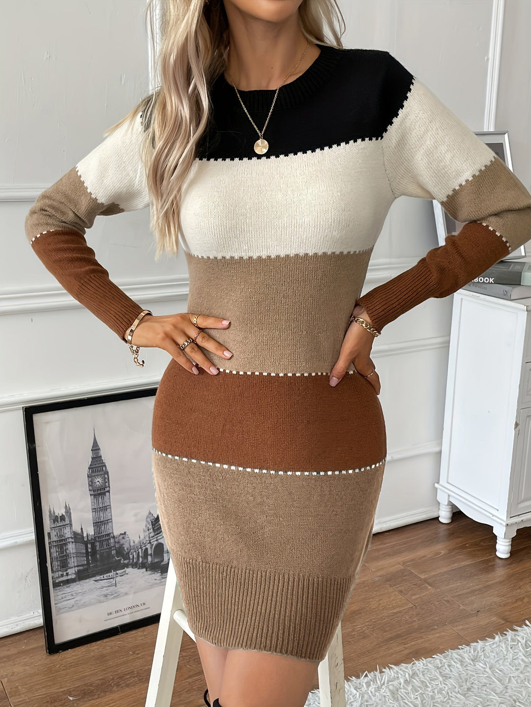Marcella colorblock sweater dress, front view on ladder