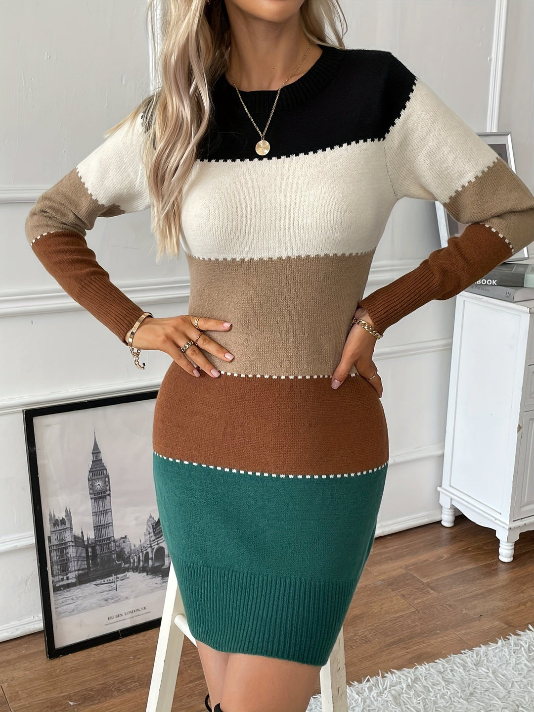 Marcella colorblock sweater dress, close-up of neckline and bodice
