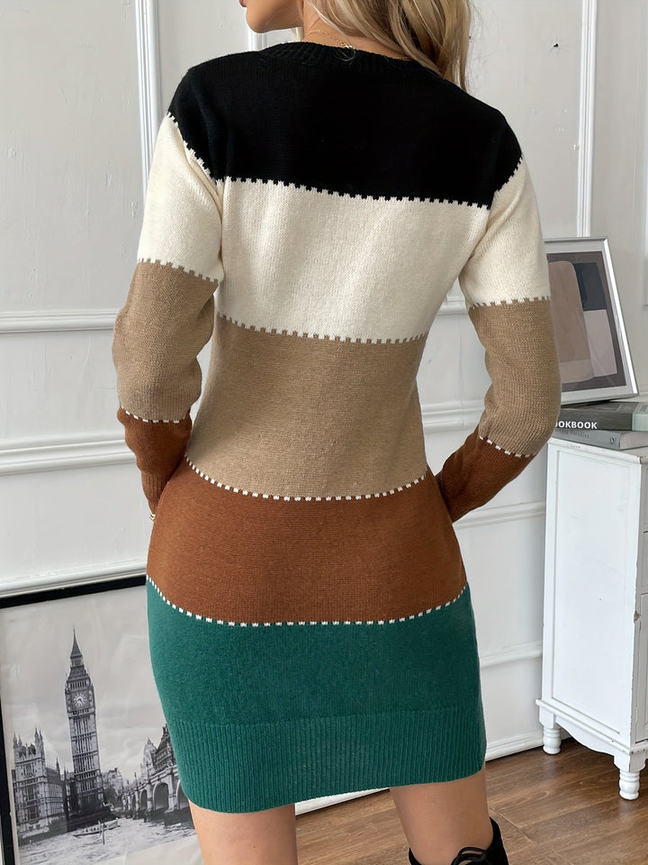 Marcella colorblock sweater dress, back view showing ribbed trim