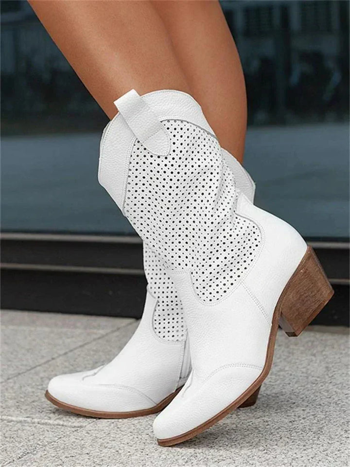 Marielle white perforated cowboy boots, side profile view