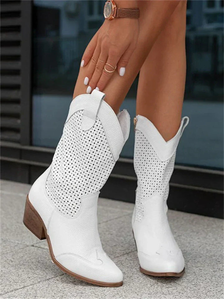 Marielle white perforated cowboy boots, walking front view