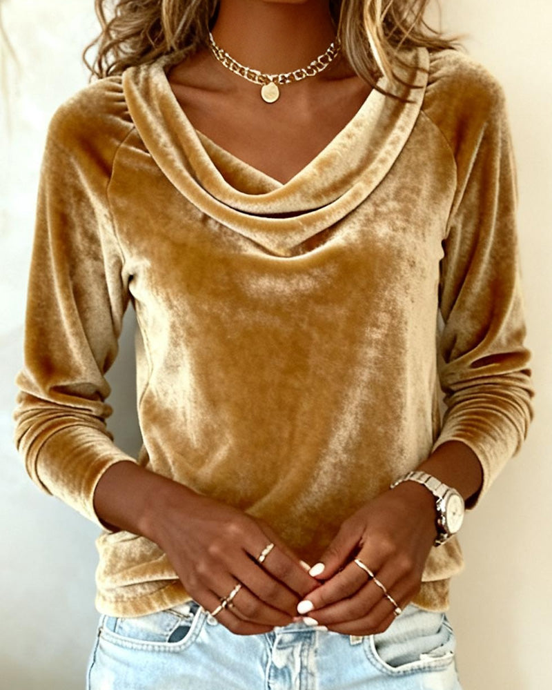 Thea cowl neck long sleeve top, hands clasped front view