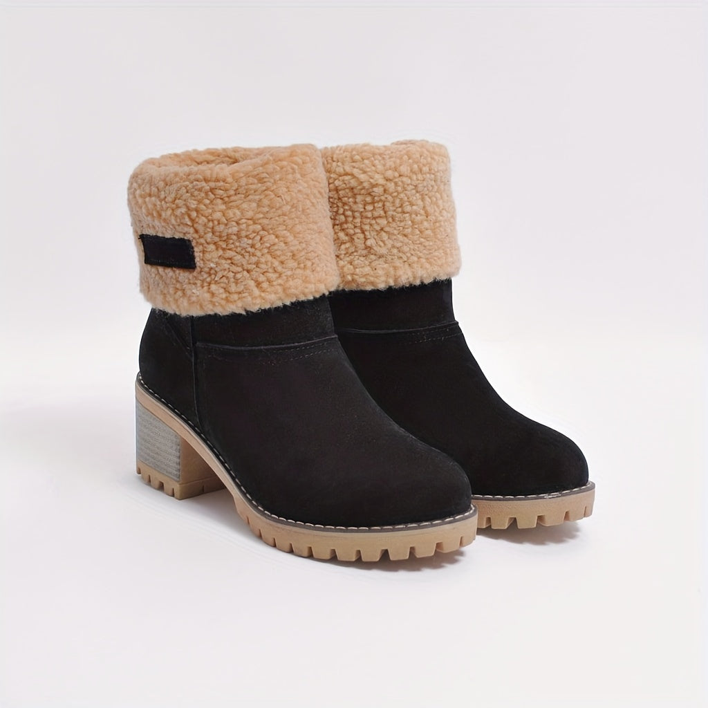 Thea cuffed block heel winter boots, front view on display