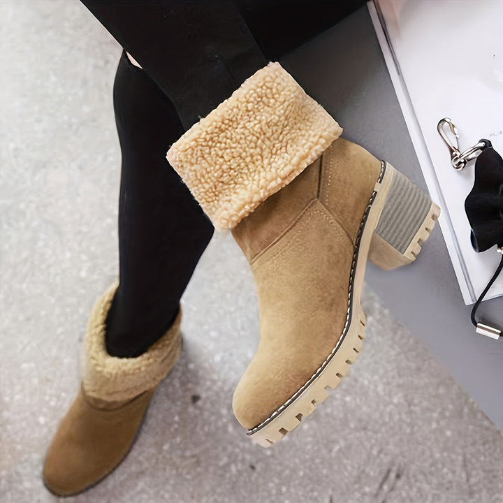 Thea cuffed boots worn with leggings, close-up side view