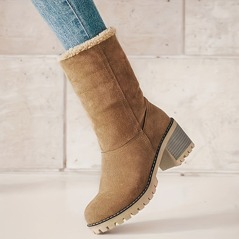 Thea cuffed boot worn with jeans, side profile view