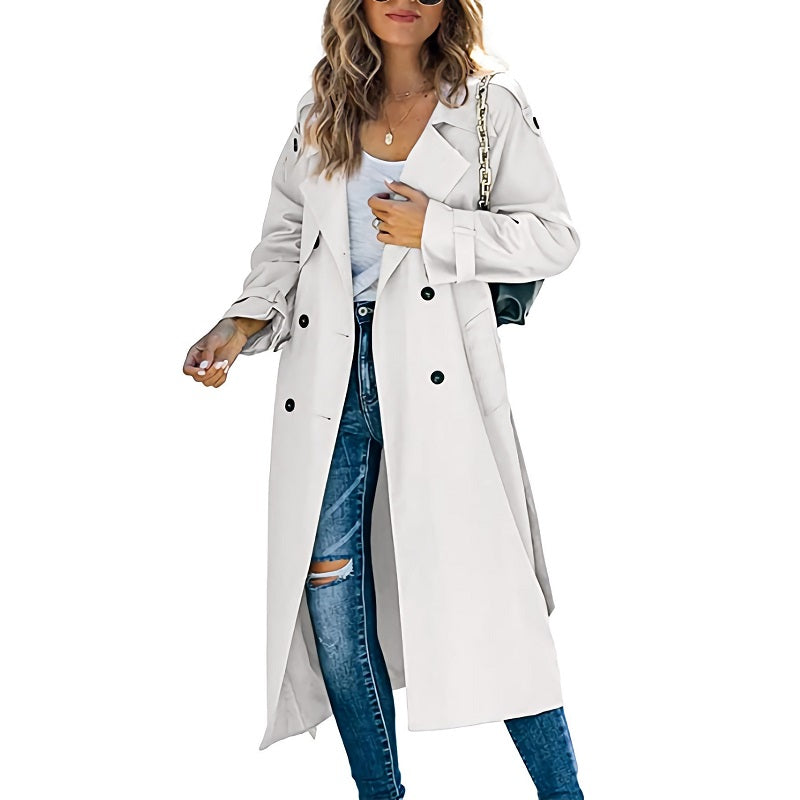 Vivienne white long double-breasted trench coat with belt, front view