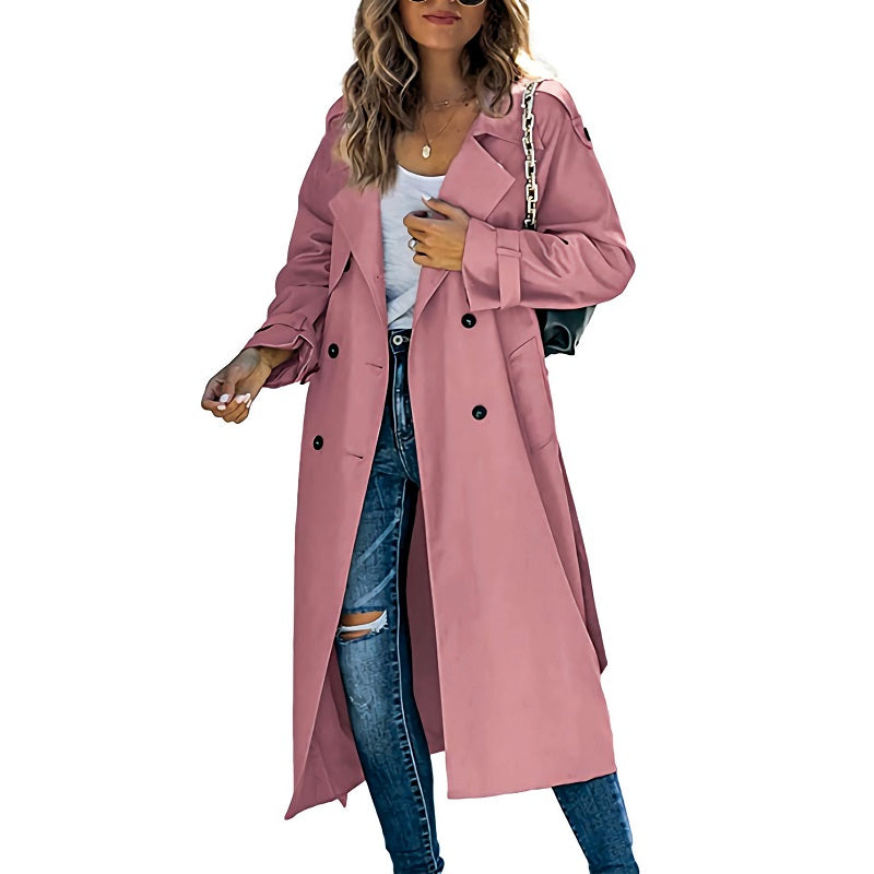 Vivienne pink long double-breasted trench coat with belt, front view
