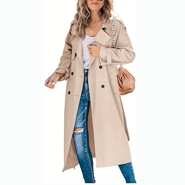 Vivienne khaki long double-breasted trench coat with belt, front view