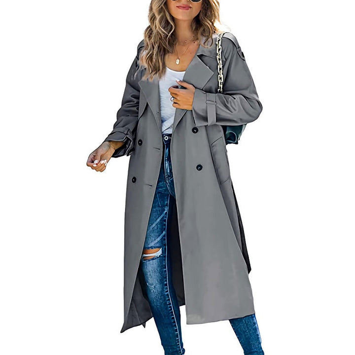 Vivienne gray long double-breasted trench coat with belt, front view