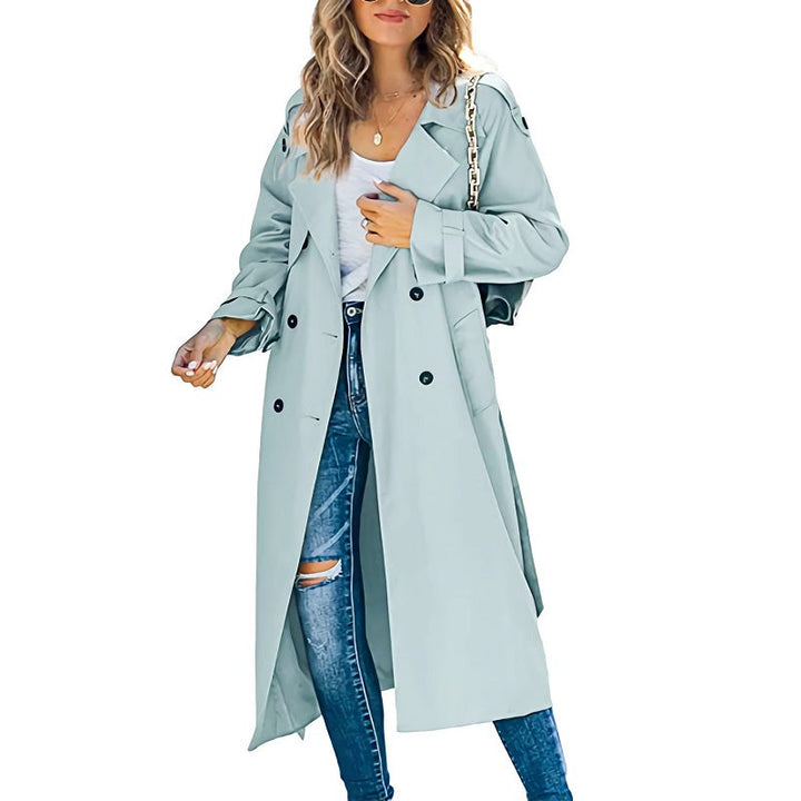 Vivienne gray long double-breasted trench coat with belt, front view