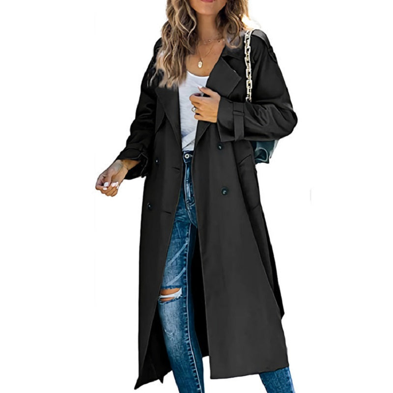 Vivienne gray long double-breasted trench coat with belt, front view