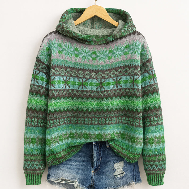 Wilhelmina Fair Isle knit hooded sweater in green, front view on hanger