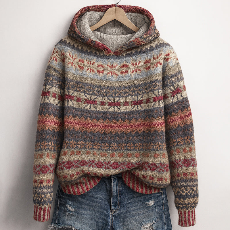 Wilhelmina Fair Isle knit hooded sweater in brown, front view on hanger