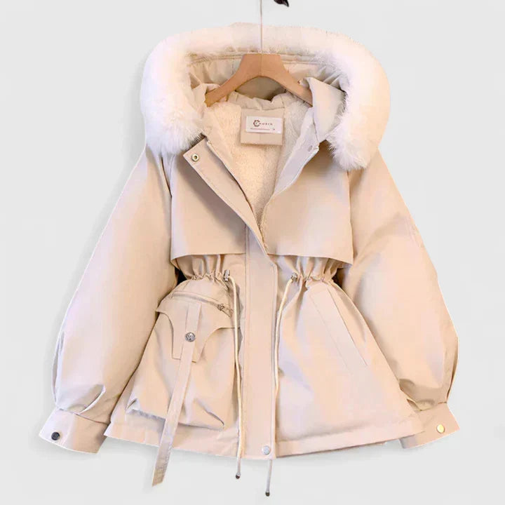 Felicity hooded parka jacket in cream with faux fur trim, front view on hanger