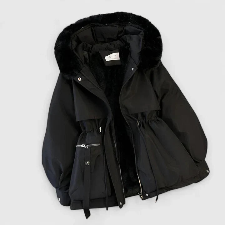 Felicity hooded parka jacket in black with faux fur trim, front view on hanger