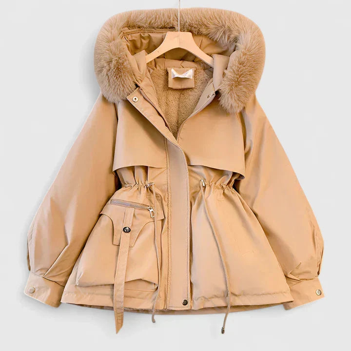 Felicity hooded parka jacket in khaki with faux fur trim, front view on hanger