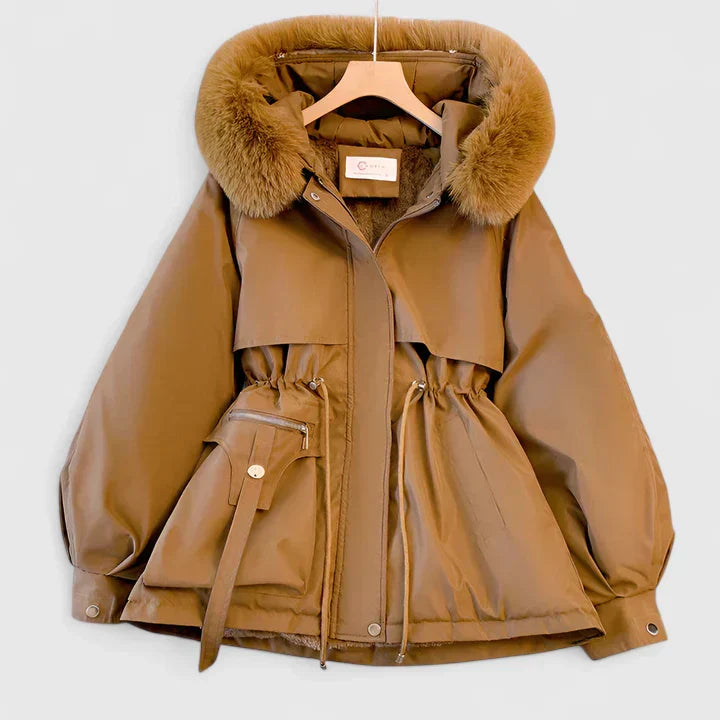 Felicity hooded parka jacket in brown with faux fur trim, front view on hanger