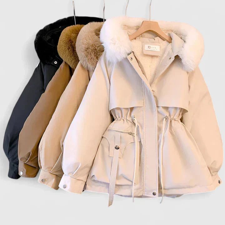Felicity hooded parka jacket in brown with faux fur trim, front view on hanger