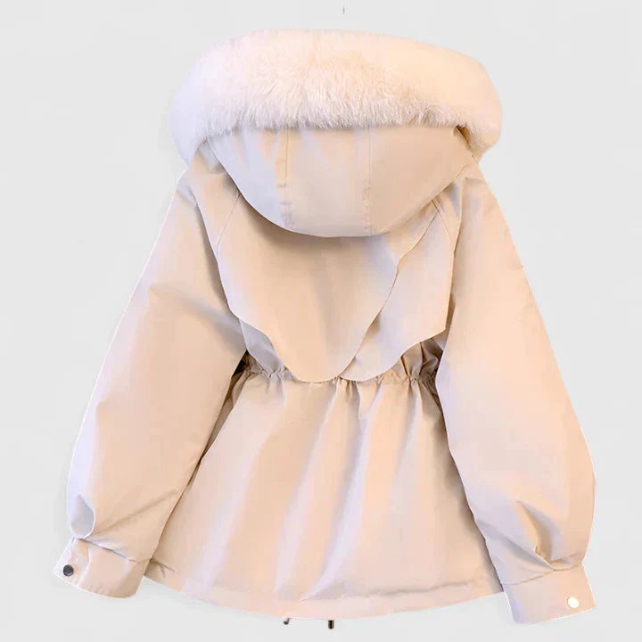 Felicity hooded parka jacket in brown with faux fur trim, front view on hanger