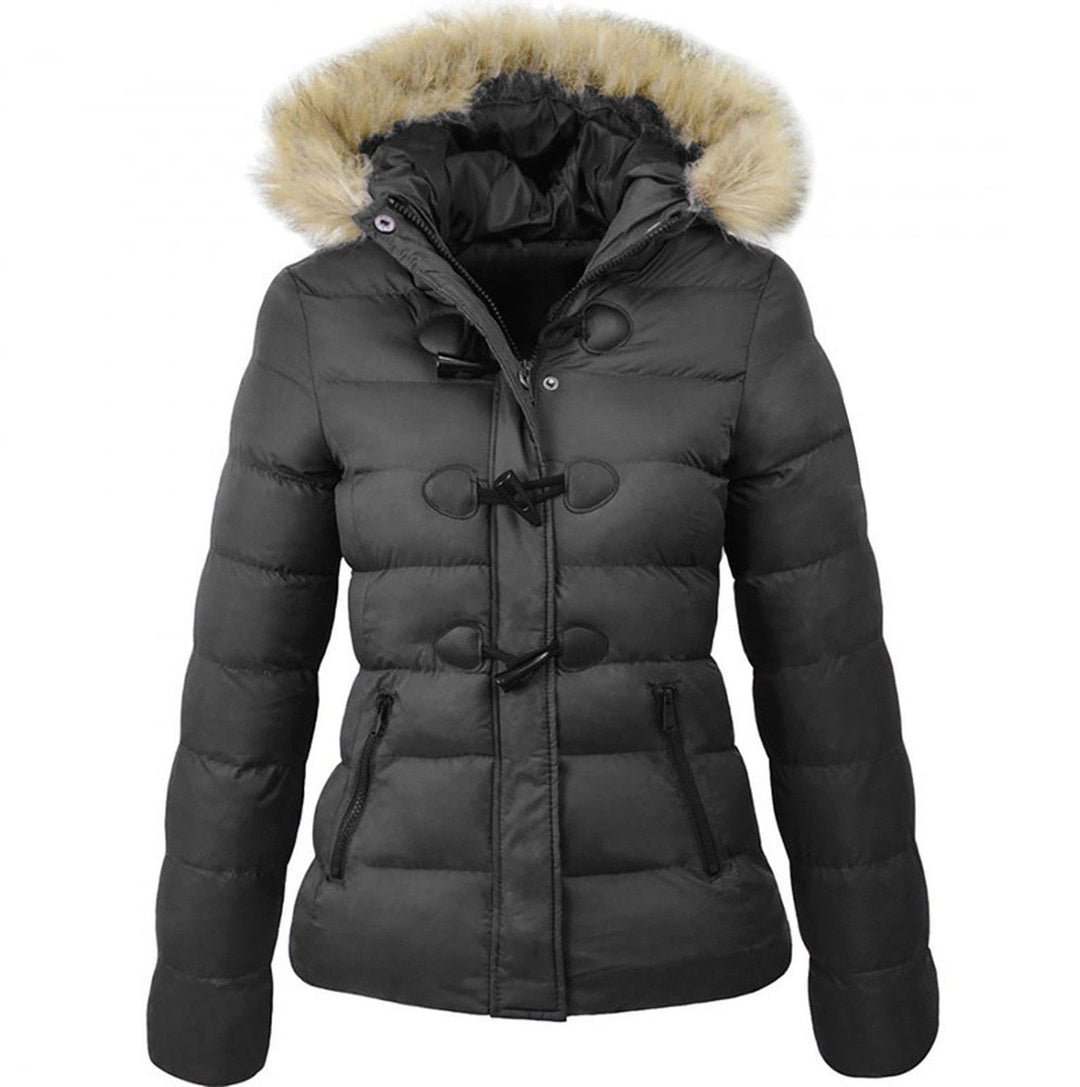 Marisabel hooded puffer jacket in black with faux fur trim, front view