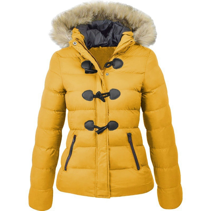 Marisabel hooded puffer jacket in yellow with faux fur trim, front view