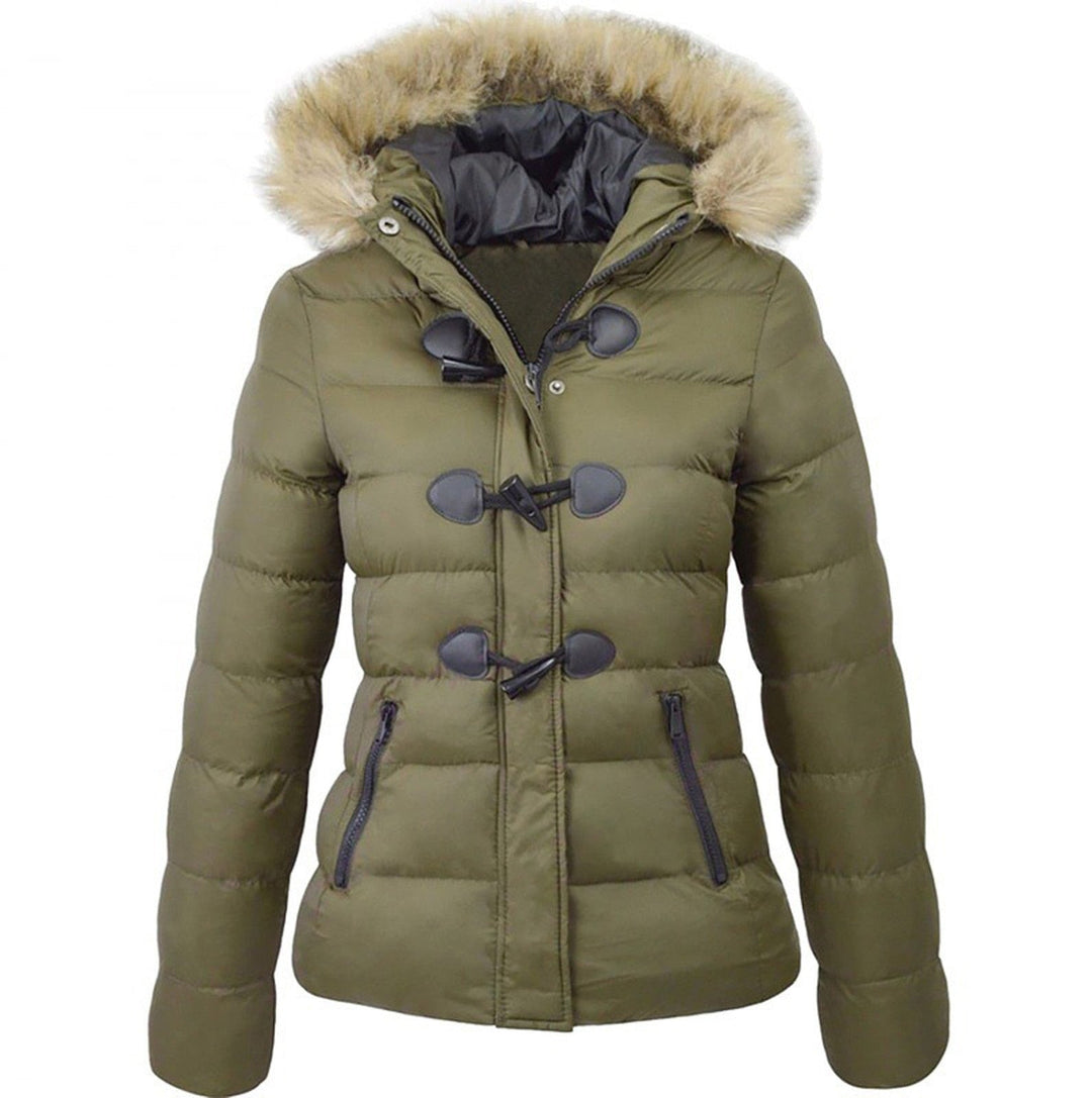 Marisabel hooded puffer jacket in olive green with faux fur trim, front view