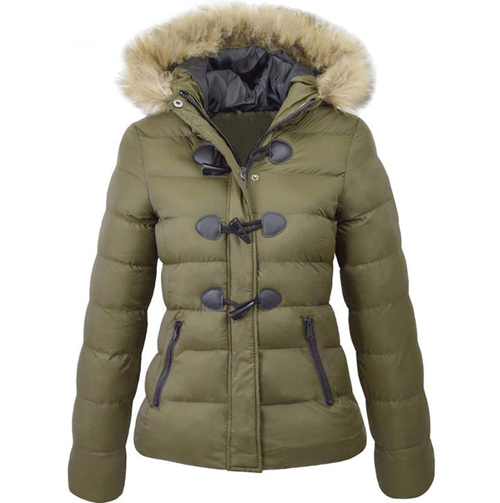 Marisabel hooded puffer jacket in olive green with faux fur trim, front view