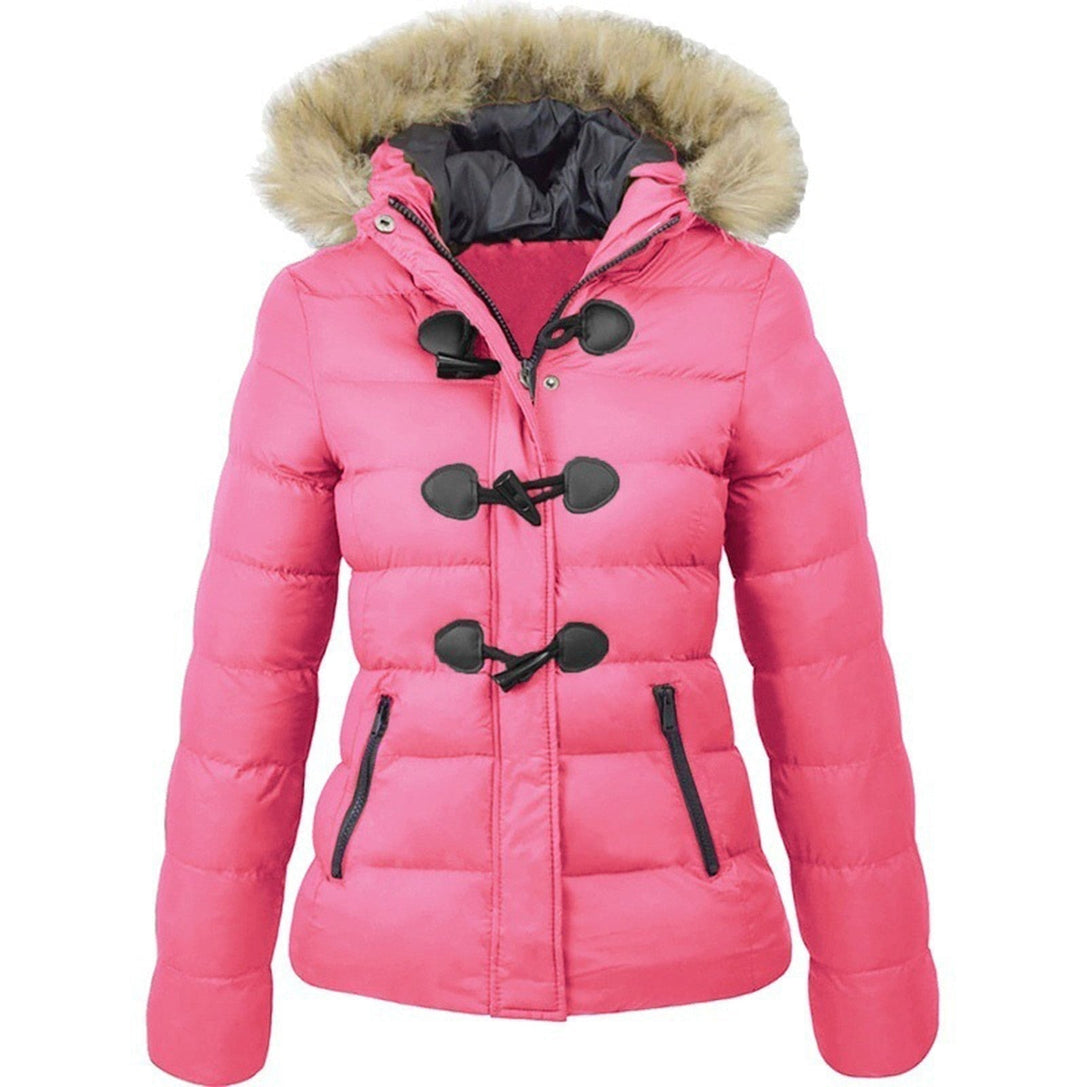 Marisabel hooded puffer jacket in pink with faux fur trim, front view