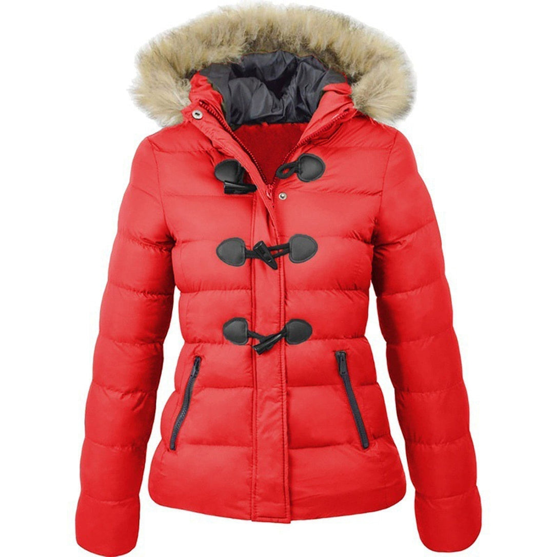 Marisabel hooded puffer jacket in pink with faux fur trim, front view