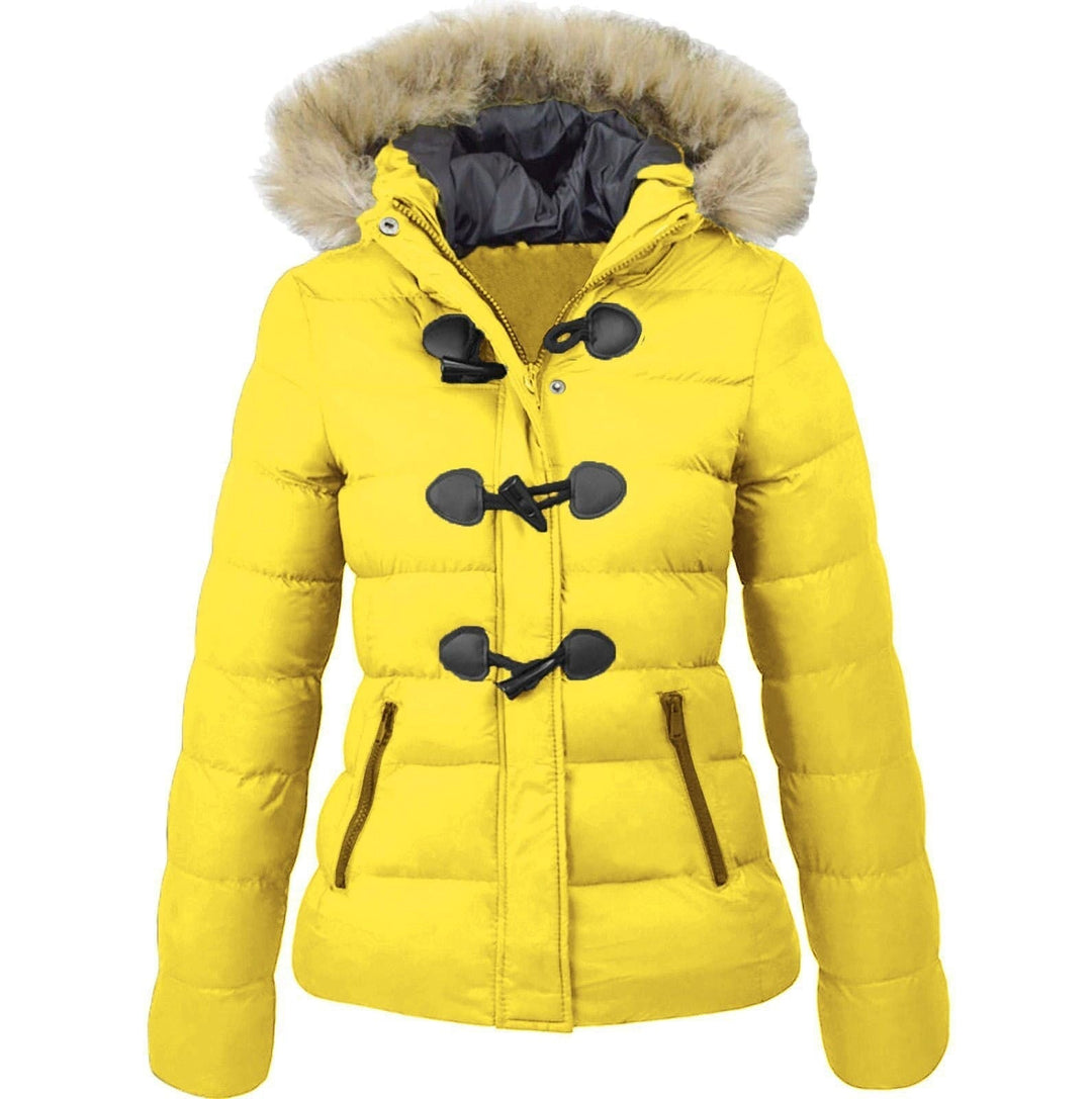 Marisabel hooded puffer jacket in pink with faux fur trim, front view