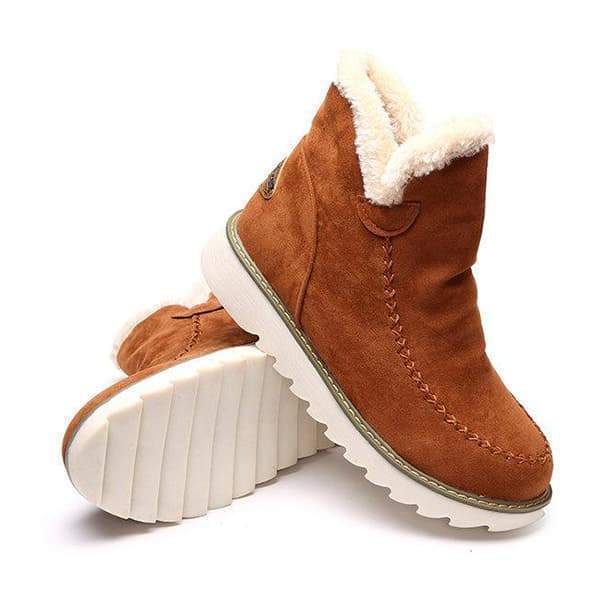 Priscilla fur-lined chunky snow boots in camel brown, side view