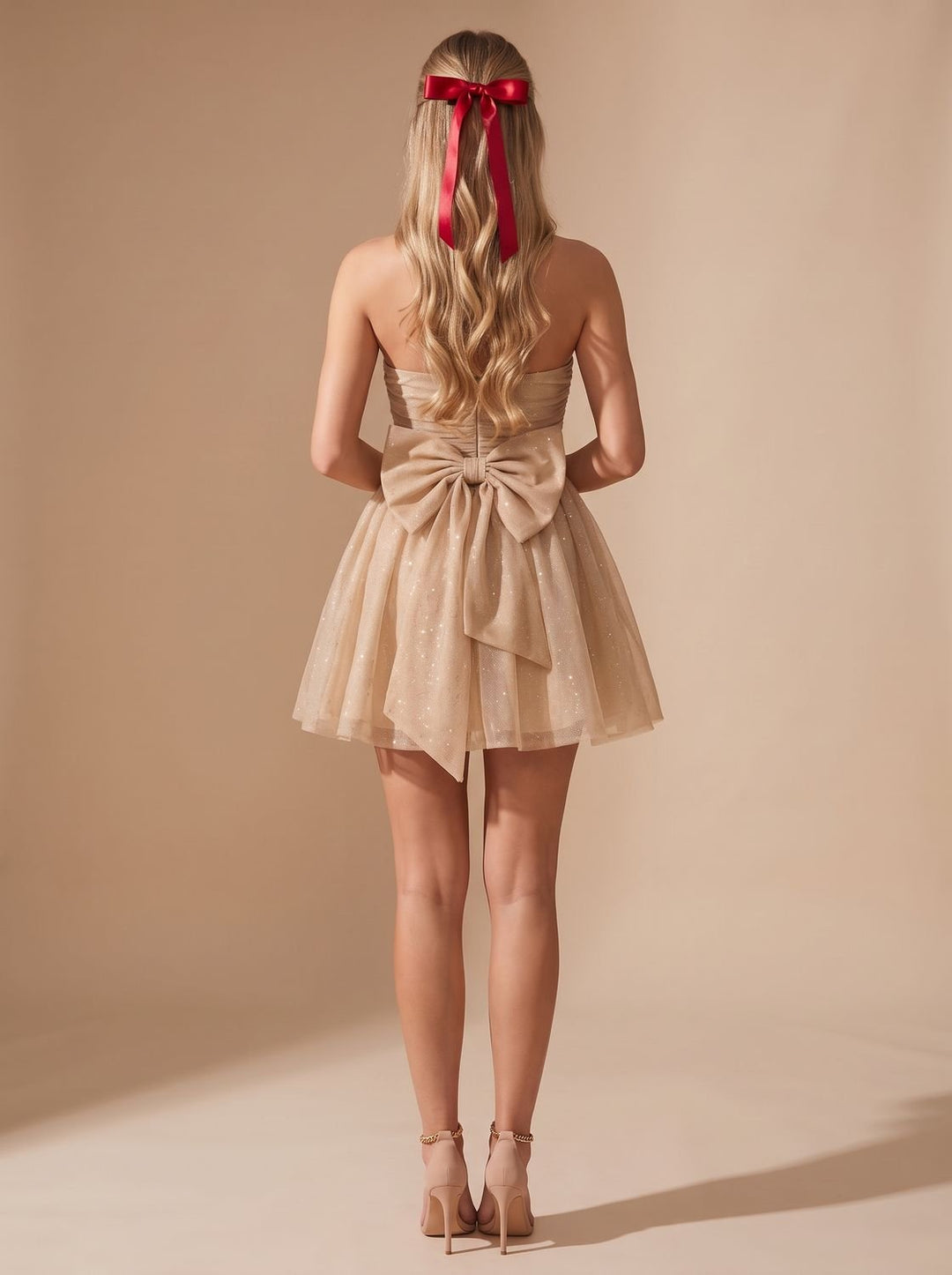 Vivienne glitter pleated bustier mini dress, back view with bow detail