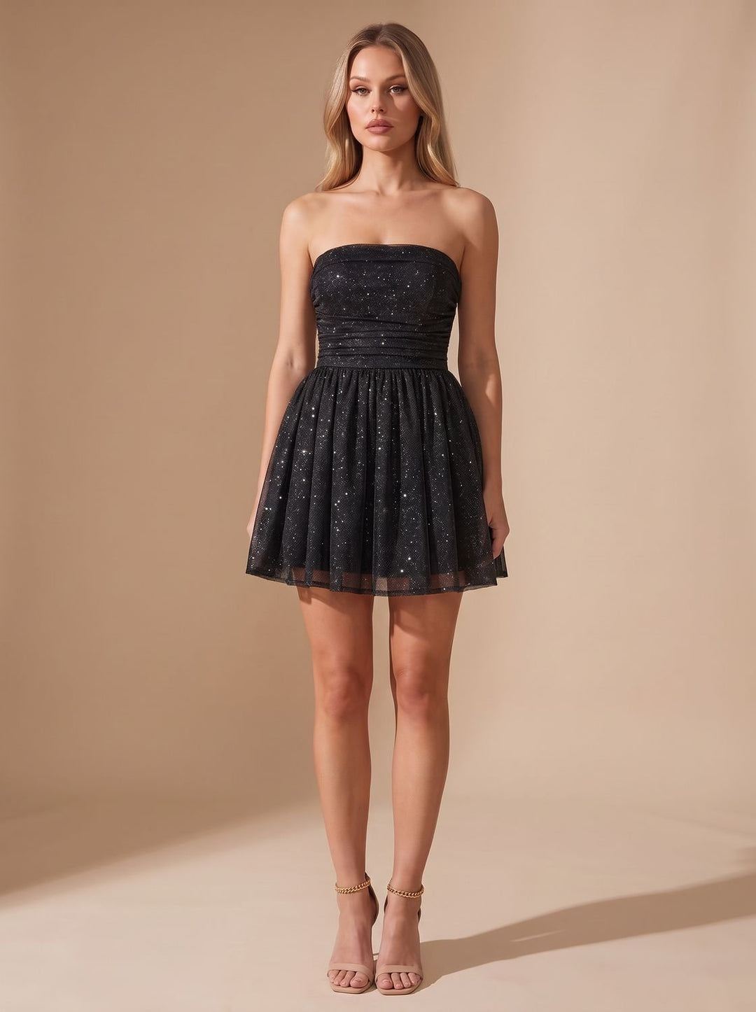 Vivienne glitter pleated bustier mini dress, back view with bow detail