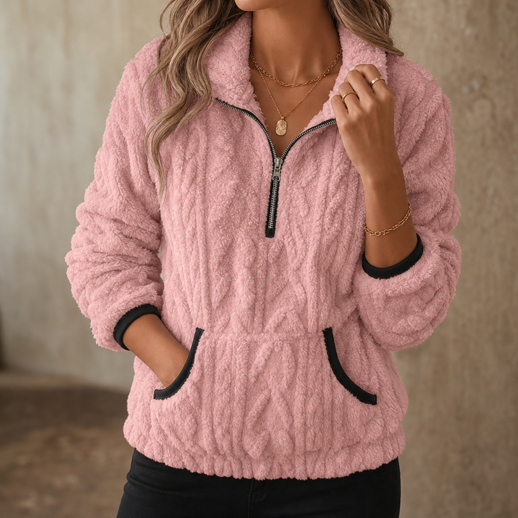 Thea ivory half-zip fleece pullover sweater, close-up front view