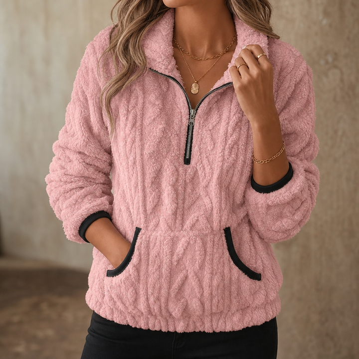 Thea ivory half-zip fleece pullover sweater, close-up front view